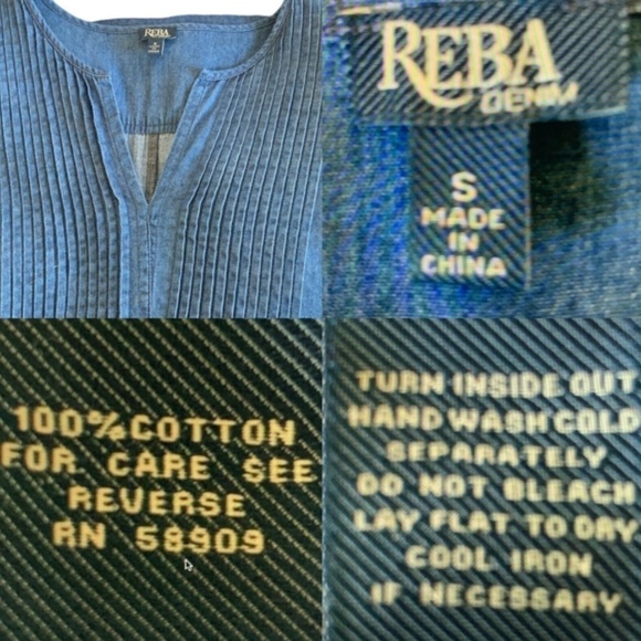 Reba Blue 100% Cotton Chambray Shift  Dress Sz S Pleated Bodice V-Neck #257A - Picture 5 of 5